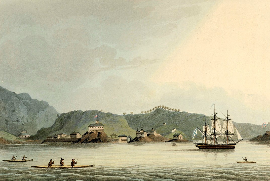 Шлюп «Нева» в гавани святого Павла на острове Кадьяк. Гравюра по рисунку Ю. Ф. Лисянского