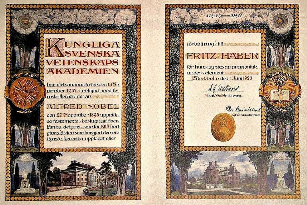 Фотография копии диплома Нобелевской премии по химии, вручённого Фрицу Габеру в 1919 году