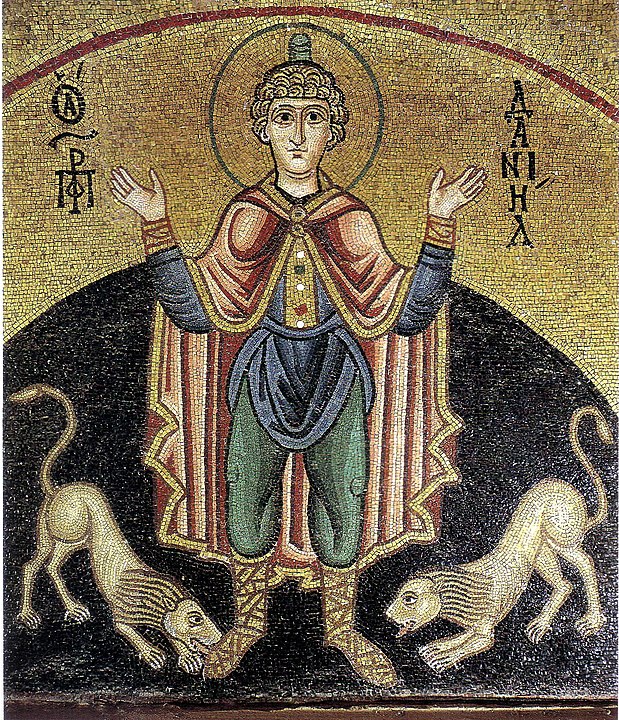 Пророк Даниил в львином рву; мозаика в Осиос Лука, XII—XII вв.