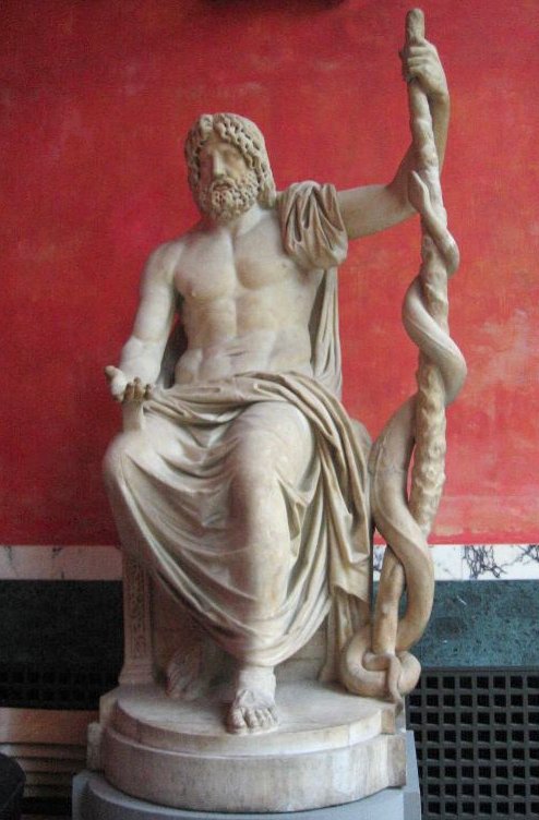 Статуя Асклепия (Эскулапа), греческого бога медицины, держащего символический посох Асклепия со спиральной змеёй