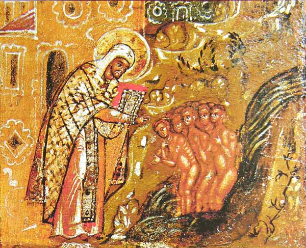 Святитель Леонтий крестит детей. Клеймо иконы «Леонтий Ростовский с житием в 24 клеймах». Около 1677 года