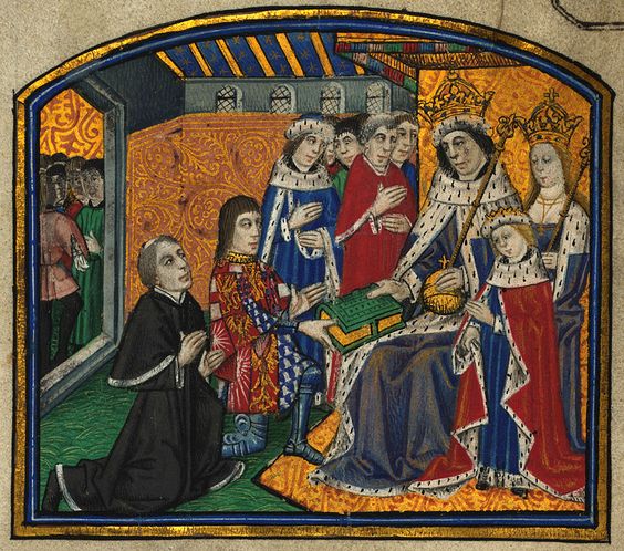Уильям Кэкстон и Энтони Вудвилл, граф Риверс, подносящие королю Эдуарду IV первую напечатанную в Англии книгу «Изречения и высказывания философов». Миниатюра из рукописи 1480 г.