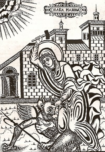 Маргарита Антиохийская. Иллюстрация в ее агиографии, напечатанной в Греции, изображающая, как она избивает демона молотком.