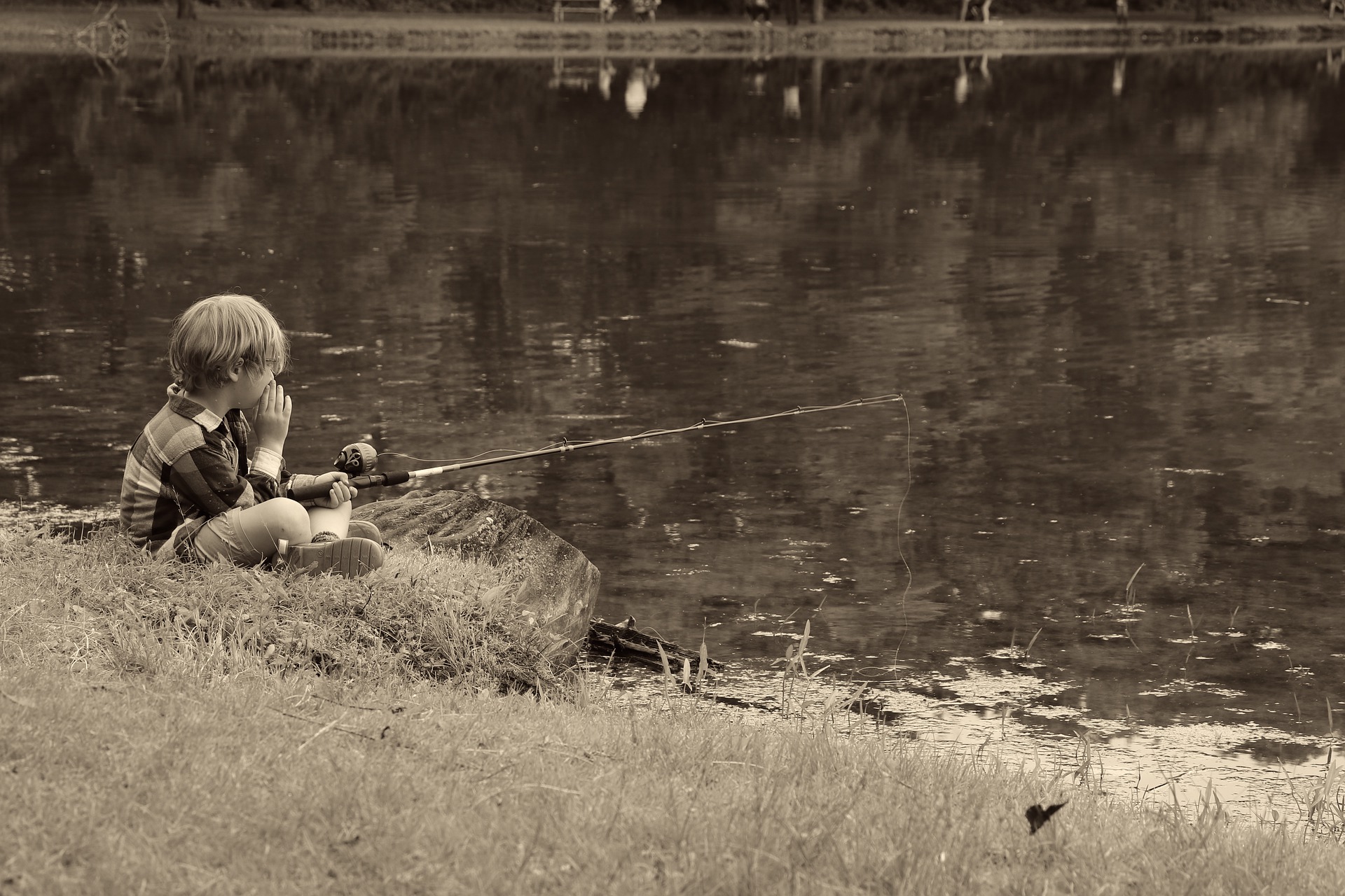 Здесь ловят рыбу. Дети на рыбалке. Мальчик с удочкой. Маленький Рыбак. Пруд для детей.