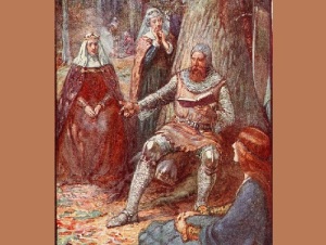 Брюс читает истории своим последователям (Иллюстрация из книги по истории Шотландии 19-го века, Маршалл Х. Э., Коллекция Нью-Йоркской публичной библиотеки, )