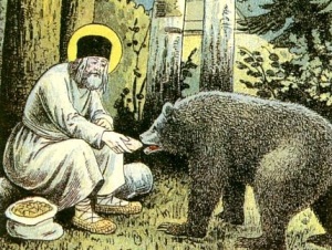 Серафим кормит медведя. Фрагмент литографии Путь в Саров, 1903, 