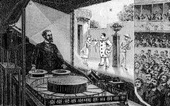 Эмиль Рейно со своим оптическим театром (Фото: Луи Пойе, 1892, www.sicaf.or.kr, )