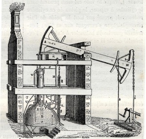 Иллюстрация здания, в котором находится машина Ньюкомена (Источник: Луи Фигер «Merveilles de la science», Furne Jouvet et Cie, 1868, )